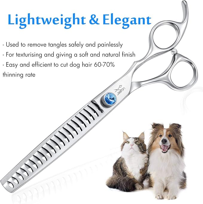JASON 7 Inch 21-Teeth Chunkers Shears for Dogs, Ergonomic Cats Grooming Texturizing Blending Thinning Shears Pets Trimming Kit with Offset Handle, Sharp, Comfortable Shear-Mewly Pet