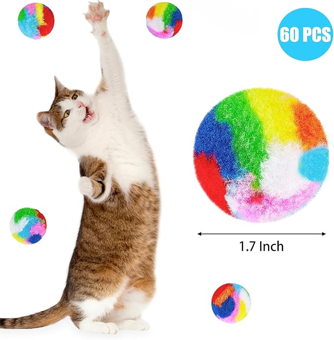 Nicunom 60 PCS Cat Pom Pom Balls, 1.7Inch Rainbow Cat Toy Balls, Soft Plush Cat Ball Fuzzy Kitty Balls Colorful Kitten Puff Balls Cat Chase Ball for Kitten Pet Interactive Playing Exercising-Mewly Pet