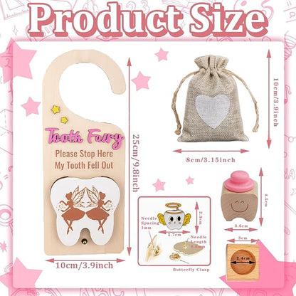 4Pcs Tooth Fairy Door Holder - Wooden Door Hanger Gift Set with Keepsake Box and Bag & Reward Badge, Gifts and Bedroom Decorations Suitable for Lost Teeth Girls and Boys