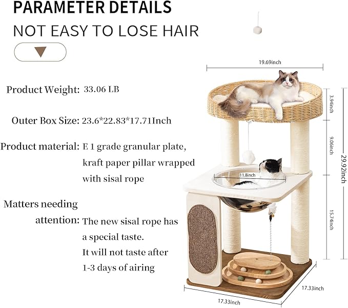 Modern Cat Tree for Indoor Cats with Sisal Rope Scratching Posts, Hand-Woven Cat Condo & Top Perch, Space Capsule Cats Nest, Cute Cat Tree with Interactive Cat Toy-Mewly Pet