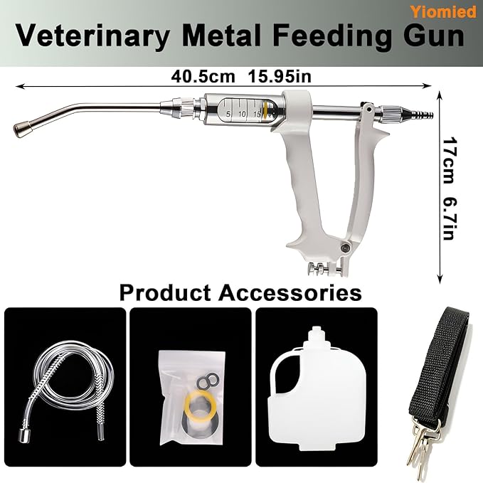 20ML Veterinary Metal Feeding Gun, Continuous Drench Gun Dosing Device Veterinary Adjustable Medicine Dispenser Husbandry Autonomous Feeding Tool, for Pig Cow, Sheep, Horse (White Color, 20ML+Kettle)-Mewly Pet