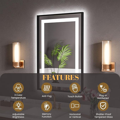 LED Bathroom Mirror,24"x36" Mirror with Black Frame, Front Light and Backlit, Stepless Dimmable, Anti-Fog, Shatter-Proof, Memory, 3 Colors, Double LED Vanity Mirror