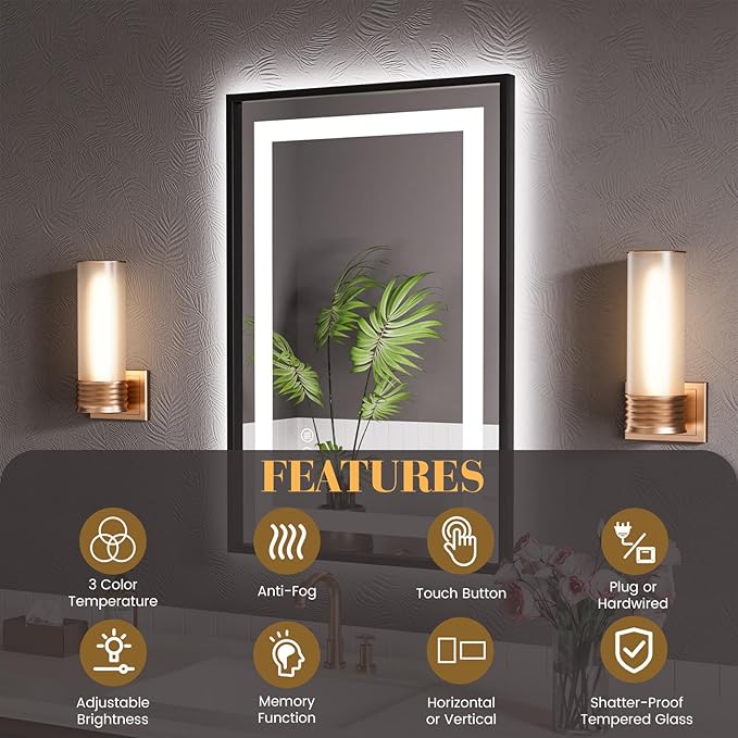 LED Bathroom Mirror,20"x28" Led Mirror with Black Frame, Front Light and Backlit, Stepless Dimmable, Anti-Fog, Shatter-Proof, Memory, 3 Colors, Double LED Vanity Mirror