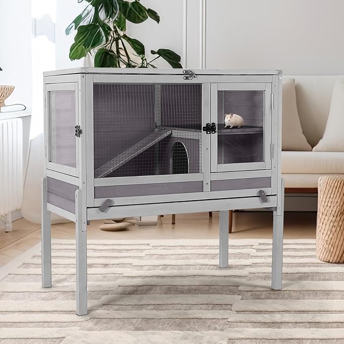 Guinea Pig Cage with Wooden Stand,Indoor Rabbit Hutch with 2 Stories,Hamster Cage with Anti Chew Ramp,Hideout, Platform, Pull Out Tray (Grey)-Mewly Pet