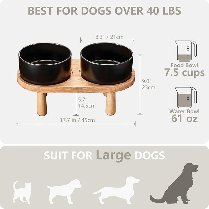 Ceramic Elevated Dog Bowls, Pet Food and Water Bowl Set for Large Dogs, 7.5 Cups Dog Bowls Raised with Wood Stand, 61OZ, Black-Mewly Pet