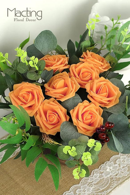 MACTING 60PCS Artificial Flower Roses Real Touch Fake Flowers with Stem Orange Foam Rose for DIY Wedding Bouquet Table Centerpieces Crafts Party Holiday Home Decorations