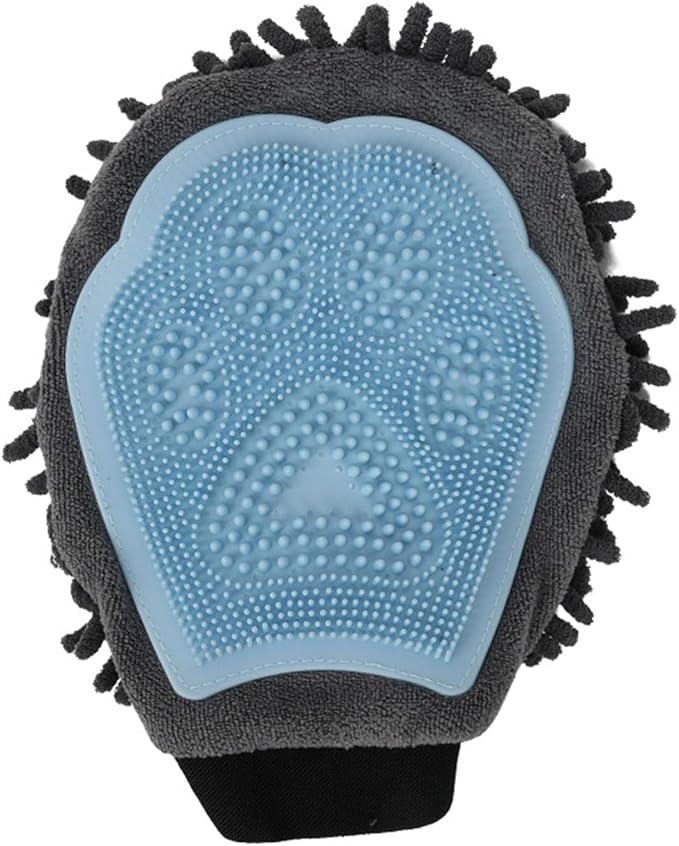 Dual Sided Pet Grooming Glove with Rubber Paw - 2-in-1 Grooming Glove | Fun Dogs & Cats Grooming Tool for Brushing, Massaging, and Scrubbing | Chenille Fabric Side Acts as Pet Bathing(Blue)-Mewly Pet