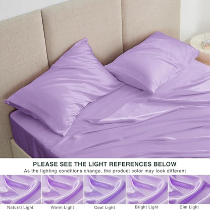 Love's cabin Satin Queen Sheets Set - 4 Piece Lavender Silky Bed Sheets with Deep Pocket, Luxury Silk Feel Satin Queen Size Sheet Set (1 Flat Sheet,1 Fitted Sheet,2 Pillow Cases)