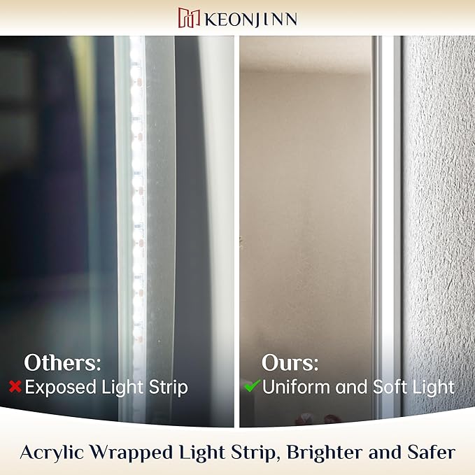 Keonjinn Backlit Mirror Bathroom 20” x 28”, Anti-Fog Mirror with Lights, CRI90+ HD Tempered Glass, Waterproof, UL Listed, Stepless Dimmable LED Mirrors for Bathroom, High Lumen, Waterproof