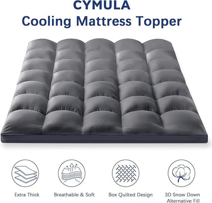 CYMULA Short Queen Mattress Pad, Cooling Bed Topper, Thick Pillow Top, Grey Plush Down Alternative Fill