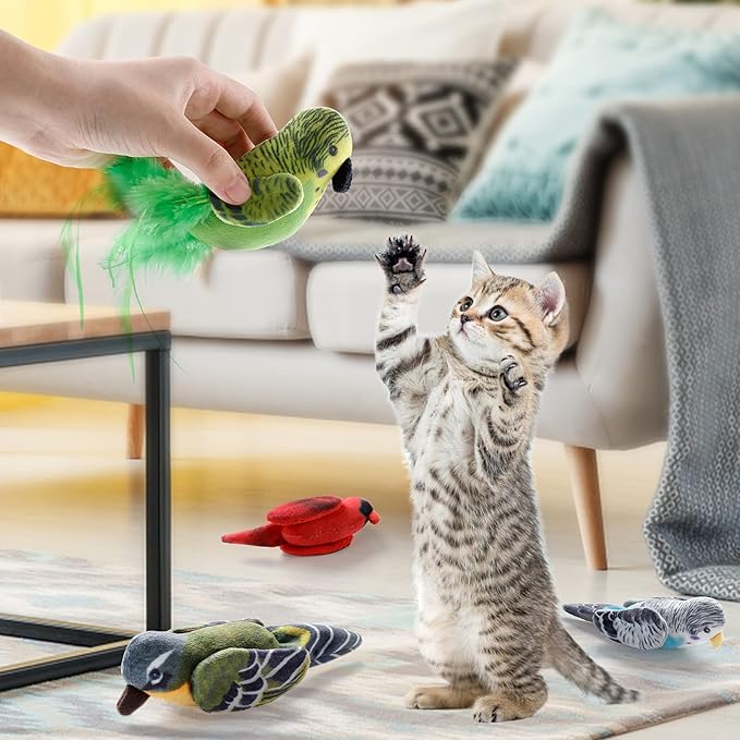 Dorakitten Cat Catnip Toys Interactive Cats 4pcs Kitten Plush Nip Chew Bird Toy with Crinkle Paper Pet Best Treats Stuffed Pillow Cute Teething Play Gifts Soft Kick Sound Supplies for Indoor Kitty-Mewly Pet