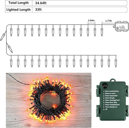 BrizLabs Orange Halloween Lights, 33ft 100 LED Battery Halloween Lights, 8 Modes Orange String Light with Timer, Indoor Outdoor Battery Light String for Party Xmas Thanksgiving Bedroom Patio Decor