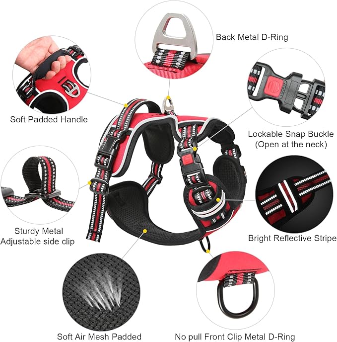 Timos Dog Harness Small Sized, No Pull with Neck Lockable Snap,No Choke Front Clip Dog Reflective Harness,Adjustable Metal Rings 3 Buckles,Easy Control Handle for Small Dogs Red S-Mewly Pet