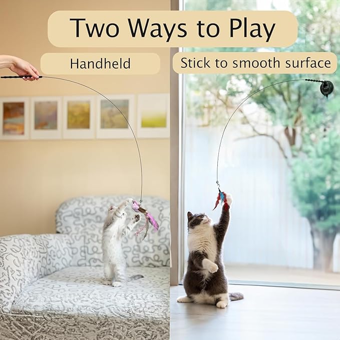 22Pcs 5-in-1 Cat Toys Interactive Cat Toy for Indoor Cats with Sticky Super Suction Cup Detachable Replacements Feathers Balls Mice Spring 3 Wand Hanging Door Kitten Toys-Mewly Pet