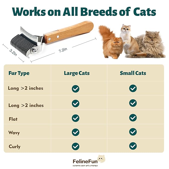 FelineFun Cat Brush for Dematting & Deshedding, 2 in 1 Undercoat Rake, Efficiently Remove Loose Hair & Matted Fur, Professional Shedding Comb for Indoor Cats & Long Haired Cats-Mewly Pet