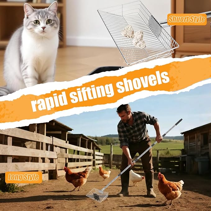 Chicken Poop Scooper with Stainless Steel Handle,24" to 68" Adjustable Length Chicken Coop Litter Scoop,4 in 1 Multifunctional Heavy Duty Litter Sifting Shovel Chicken Coop Accessories-Mewly Pet