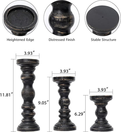 SWALLOWLIVING Rustic Farmhouse Wood Pillar Candle Holder Set of 3 for Candlestick, Black