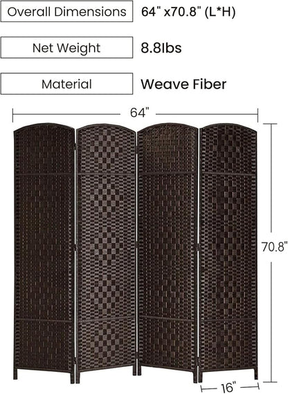 Rose Home Fashion Room Divider, 6 ft Tall Room Dividers and Folding Privacy Screens, 16in Privacy Screen 4 Panel Dark Coffee Space Temporary Wall Foldable Partition Separation