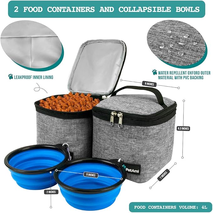 PetAmi Dog Travel Bag Backpack, Airline Approved Dog Bags for Traveling, Puppy Diaper Bag Supplies, Pet Camping Essentials Hiking Accessories Dog Mom Gift, Food Container, Collapsible Bowls, Gray-Mewly Pet