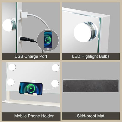S'bagno Vanity Mirror with Lights, 12 Dimmable LED Bulbs, Detachable 10X Magnifying Mirror, Touch Control, USB Rechargeable, Tabletop Hollywood Lighted Makeup Mirror for Dressing Table,16''x12''