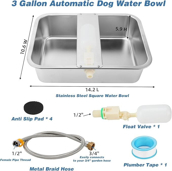 YUEPET 3 Gallon Auto Dog Water Bowl Dispenser Outside Automatic Water Dispenser for Large Dogs Stainless Steel Auto-Fill Dog Waterer Feeder with Float Valve for Pets Indoor Outdoor Use-Mewly Pet