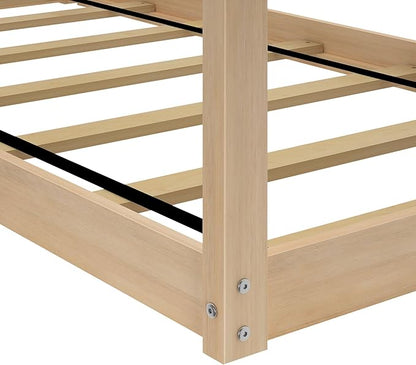 Max & Lily Twin Floor House Bed, Modern Solid Wood Low Bed Frame for Kids, Montessori Floor Bed for Bedroom, Playroom, Wooden Slats, Blonde