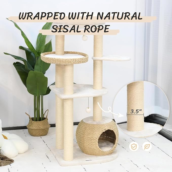 KAMABOKO Modern Cat Tree, 53" Cat Tower for Indoor Cats Natural Sisal Scratching Posts, Hand-Woven Condo & Top Perch, Cat Tree Tower for Kittens Climb Play & Rest-Mewly Pet