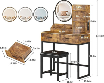 Makeup Vanity Desk with Round Mirror and Lights, Vanity Makeup Table with 2 Drawers, Small Vanity Table for Bedroom with Lots Storage (Brown with Charging, 15.75 * 31.5 * 53.6in)
