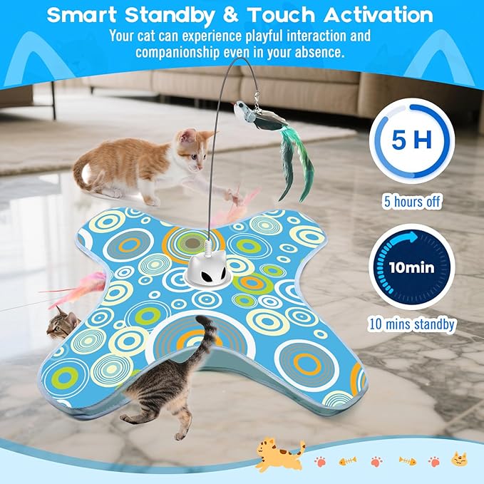 VIWIK Hide and Seek Toys for Indoor Adult Cats with Suction Cup & Cover, Interactive Automatic Moving Concealed Feather Kitten Wand Bird Toy, Cat Enrichment Toys for All Breeds Blue-Mewly Pet