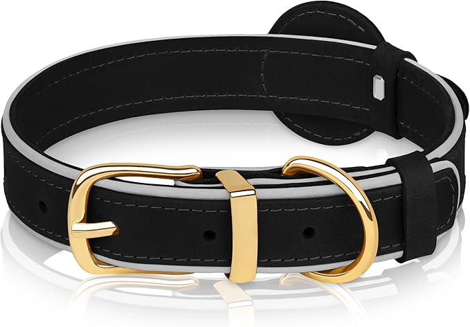 OOPSDOGGY Reflective Geniune Leather Airtag Dog Collar Soft Padded Collars for Small Medium Large Breed Dogs Puppy, 4 Sizes, 7 Colors (Black, Small, 9"-12")-Mewly Pet