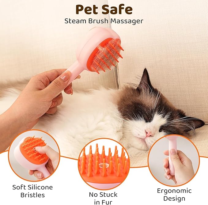 Steam Cat Brush, 6-in-1 Dog Brush Spritz Defur Comb with Pet Waterless Shampoo, Steamy Skin Friendly Deshedding Grooming Tool, Suitable for Shedding & Haired Pets, Pet Supplies Accessories, Pink-Mewly Pet