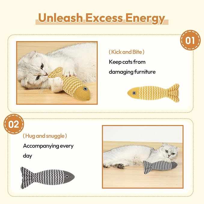2 Pcs Catnip Toys Fish, Self Play, Cat Toys for Indoor Cats and Kitten, Catnip Cat Toy, Interactive Kitten Exercise Kicker Toys for Indoor Cats 7.8 Inches for All Breeds-Mewly Pet