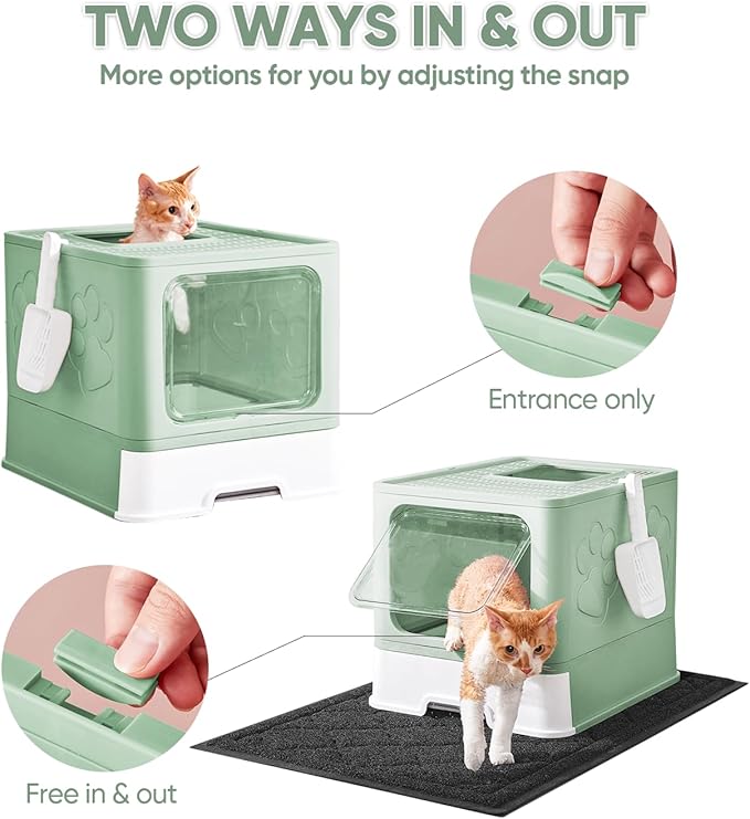 Cat Litter Box with X-Large Litter Mat and Scoop, Large Foldable Litter Box with Lid, Enclosed Kitty Box,Front Top Entry Exit, Odor Control Easy to Clean (Upgrade Green)-Mewly Pet
