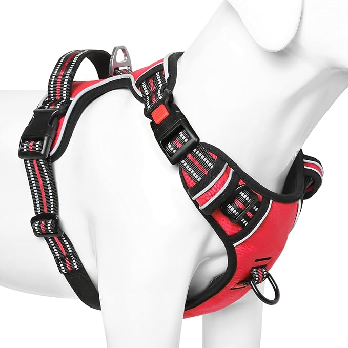 Timos Dog Harness Large Sized, No Pull with Neck Lockable Snap,No Choke Front Clip Dog Reflective Harness,Adjustable Metal Rings 3 Buckles,Easy Control Handle for Large Dogs Red L-Mewly Pet