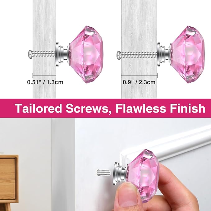 POZEAN Crystal Drawer Knobs 30 Pack, 1.57 inch Glass Knobs for Cabinet, Dresser with Two Different Sizes Screws, Diamond Pulls Handles (40mm, 30Pack, Pink-Silver)