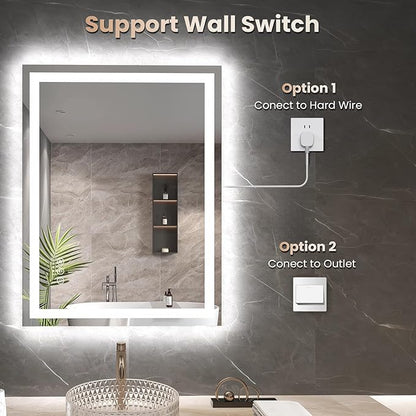 24"X36" LED Bathroom Mirror with Front Lights and Backlit, Anti-Fog, Dimmable, Shatter-Proof Tempered Glass, Lighted Bathroom Vanity Mirror for Wall with 3 Colors, Memory Function