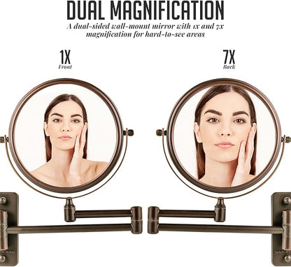 OVENTE 7" Wall Mounted Makeup Mirror with 1X/7X Magnification, Double Sided Magnifying Round Bathroom Vanity Mirror, 360° Swivel Design, Extendable and Folding Arm, Antique Bronze MNLFW70ABZ1X7X