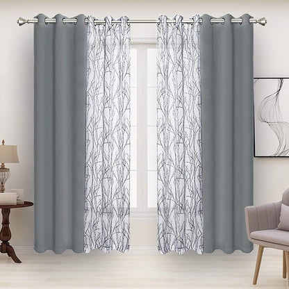 BONZER Mix and Match Curtains - 2 Pieces Branch Print Sheer Curtains and 2 Pieces Blackout Curtains for Bedroom Living Room Grommet Window Drapes, 37x84 Inch/Panel, Light Grey, Set of 4 Panels