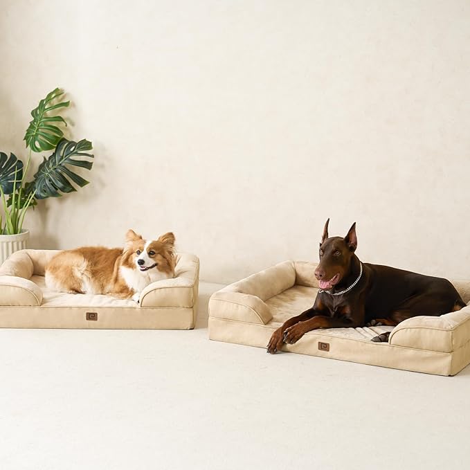 EHEYCIGA Orthopedic Dog Bed for Medium Dogs, Waterproof Memory Foam Medium Dog Beds with Sides, Non-Slip Bottom and Egg-Crate Foam Pet Couch Bed with Washable Removable Cover, Greige-Mewly Pet