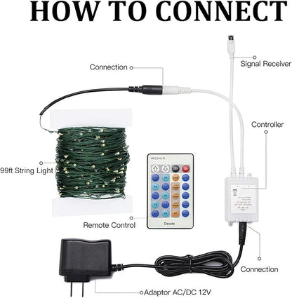 Decute 300LED 99FT Christmas Tree String Lights Green Wire Dimmable with Remote Control, UL Listed Plug in Fairy Starry Lights Decorative for Christmas Tree Party Wedding Indoor Outdoor Warm White