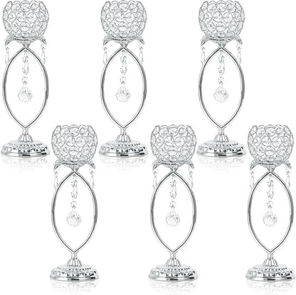 6 Pcs Silver Elegant Metal Crystal Tea Light Candle Holders with Crystal Pendants, Hollow Design - Wedding Table Centerpieces for Anniversary Birthday Party, Home Decor