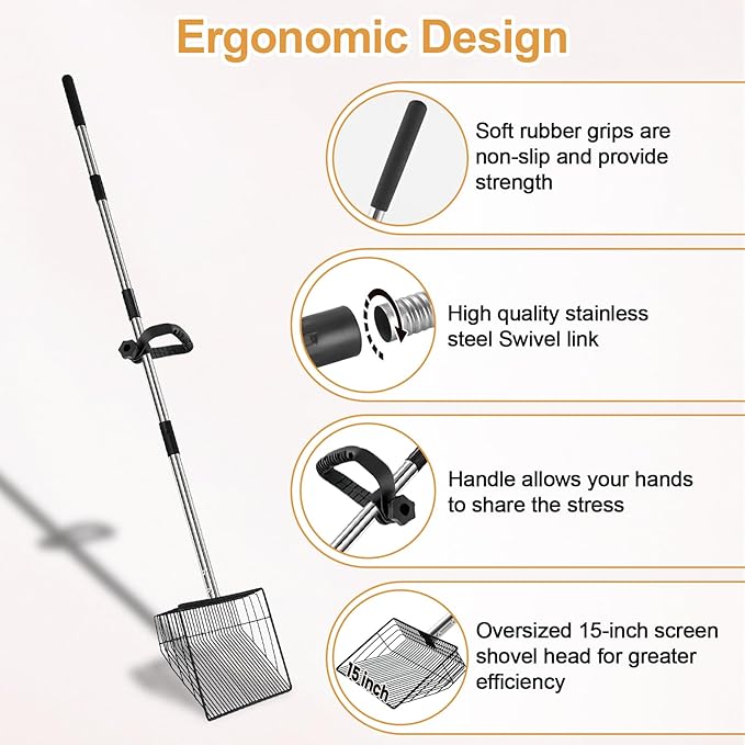 15" Chicken Poop Scooper & Rake, Metal Chicken Coop Scoop for Poop with 24 to 68" Adjustable Stainless Steel Handle, Litter Scooper Sifting Shovel Chicken Coop Accessories-Mewly Pet