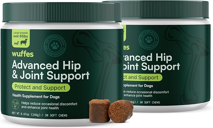Wuffes Advanced Dog Hip and Joint Supplement with Glucosamine, Chondroitin, Omega 3, MSM, and Green Lipped Mussel, 120 Pork Flavored Chews for Small Dog Breeds-Mewly Pet