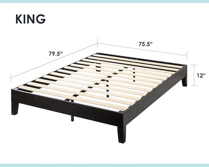 Mellow Naturalista Grand 12 Inch Solid Wood Platform Bed with Wooden Slats, Easy Assembly, King, Black
