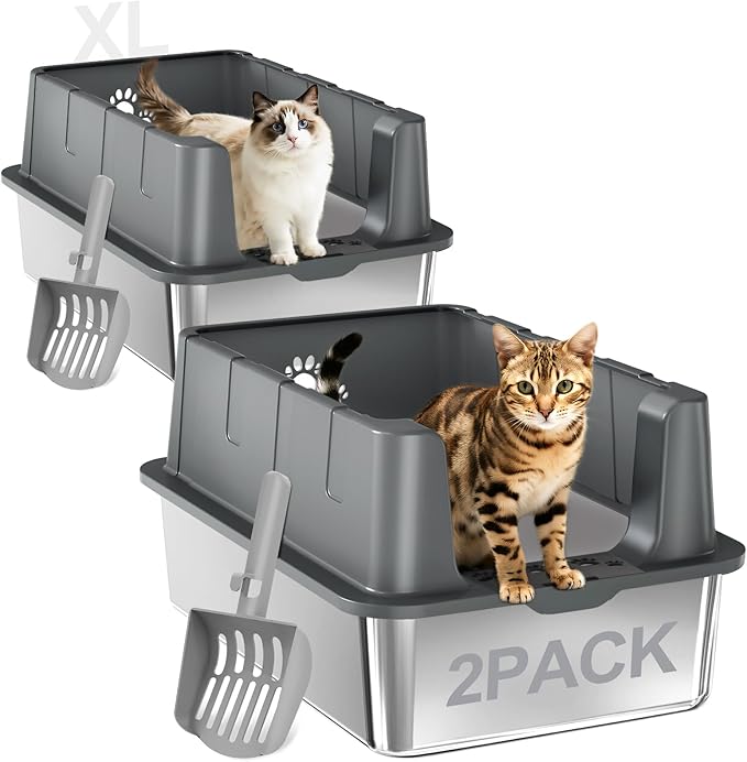 Sousia 2 Packs XL Stainless Steel Cat Litter Box with Lid High Sides, Extra Large Metal Litter Box, Non-Sticky Anti-Leakage Easy Cleaning for Large & Multiple Cats,Scoop Included-Mewly Pet