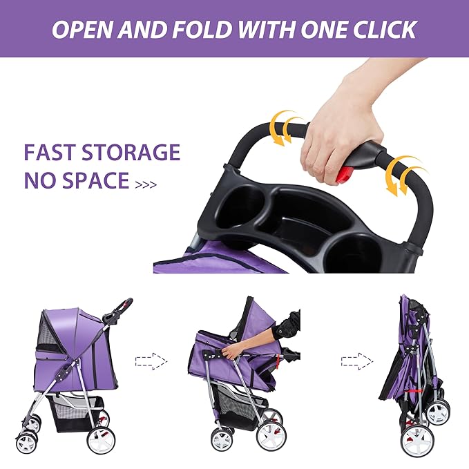 4 Wheels Pet Stroller for Small Medium Dogs Cats 10-33 lbs, Foldable Dog and Cat Stroller with Cup Holder & Storage Basket & Breathable Mesh, Pet Strolling Cart for All-Season, Purple-Mewly Pet