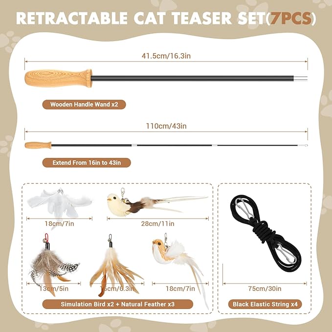 ROSAUI Cat Teaser Wand Toys, Interactive Bird Toys for Indoor Kittens, 42.15’’ Long Cat Fishing Pole Toys, 2Pcs Wires and 5Pcs Natural Refills, Sustainable Wooden Handles, Exercising, Playing-Mewly Pet