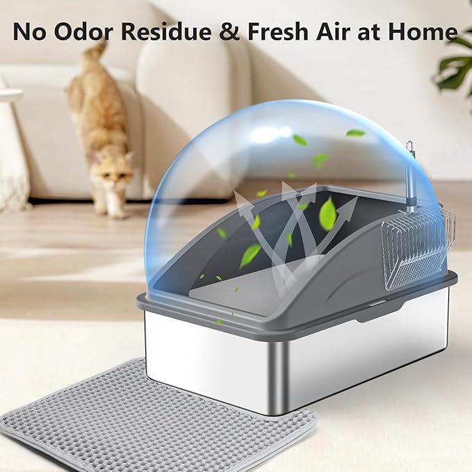 Stainless Steel Litter Box, Extra Large Litter Boxes for Big Cats, XL Metal Cat Litter Box with Lid, Anti-Urine Leakage, Non-Sticky, Include Cat Mat and Litter Scoop-Mewly Pet