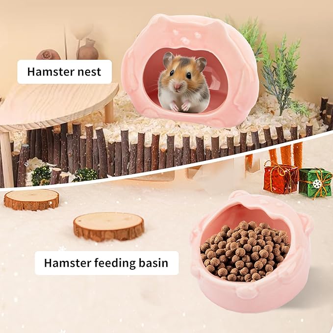 Bear-Shaped Hamster Hideout & Food Bowl Set - Ceramic Habitat for Syrian Dwarf Hamsters, Mice, Gerbils - All-Season Use, Chew-Proof Ceramic House and Feeding Dish for Small Pets(Pink)-Mewly Pet