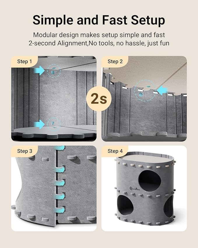 DownyPaws Cat House for Indoor Cats, 2-Storey Foldable Cat Bed Cave, Felt Cats Tunnel Bed Condo, Castle Kitten Cube Hideaway for Multicats, Scratch Resistant, Light Gray-Mewly Pet